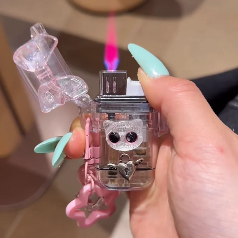 New high-end transparent handmade Y2k style windproof inflatable lighter with jet flame aesthetic transparent body cute lighter