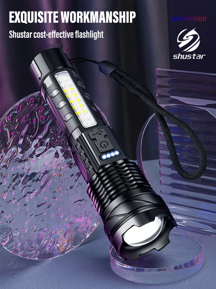 Super Bright LED Flashlight, Rechargeable Torch with High Brightness Sidelight, Using 30W White Laser Cartridge