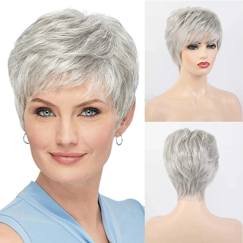 HAIRJOY Short Grey Wigs for White Women Mixed Gray Silver Curly  Wigs with Bangs Grandma Synthetic Short Hair Wigs