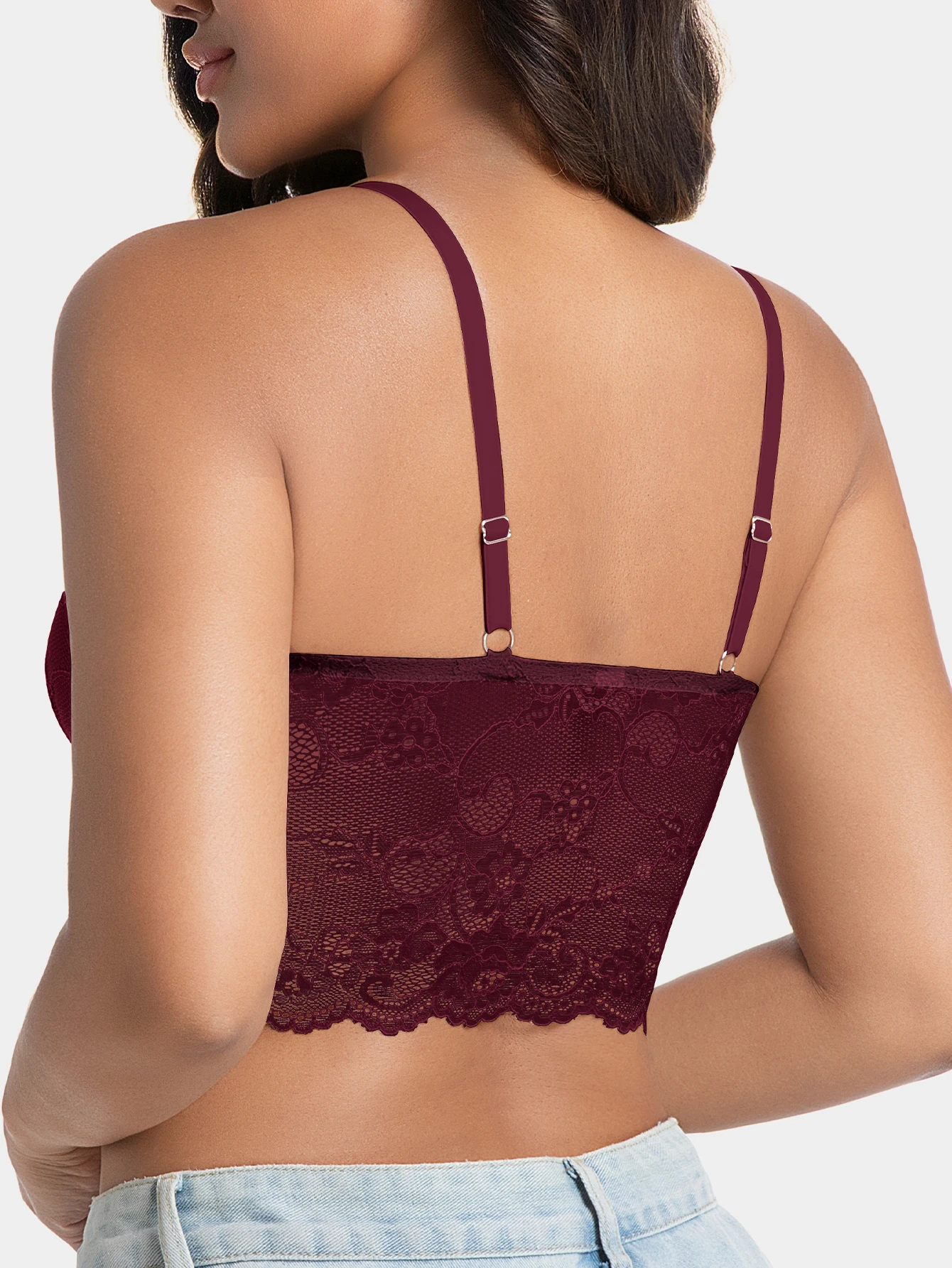 Women's Sexy V-Neck Lace Pattern Splicing Camisole Lightweight Wireless Unpadded Adjustable Straps Soft Lace Hollow-Out Back - view 2