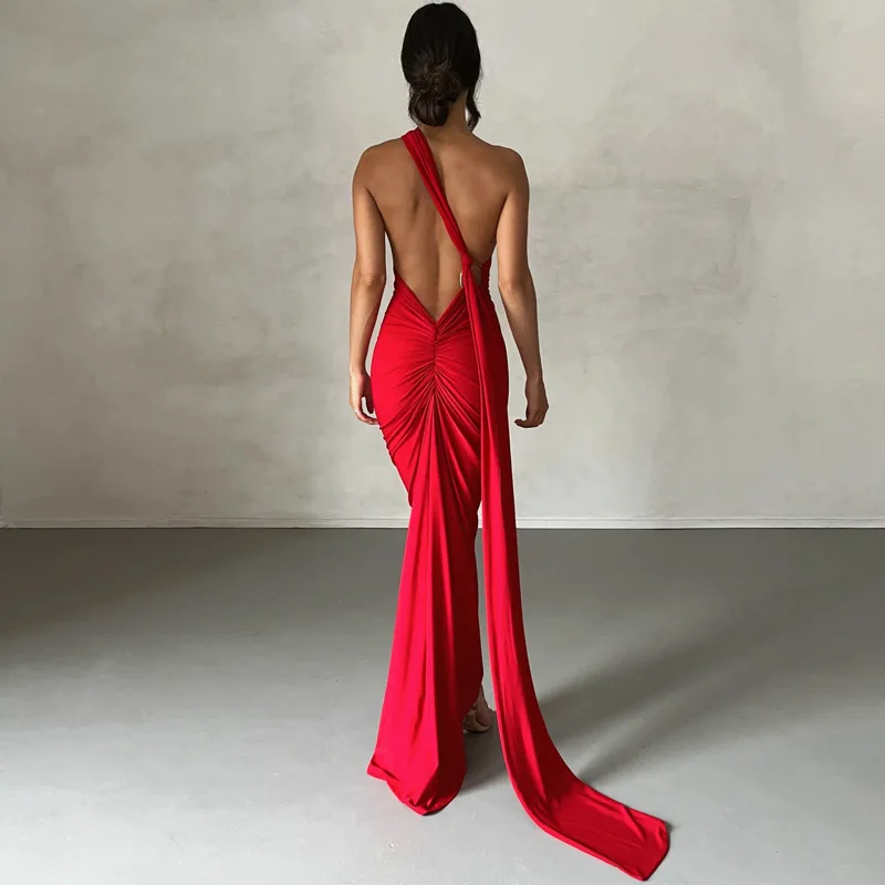 Hugcitar One Shoulder Backless Adjustable Scarf Loop Ruched Sexy Maxi Dress Women Elegant Y2K Streetwear Festival Outfit 269 Se8d410c074d34a9aa324056e71750c187