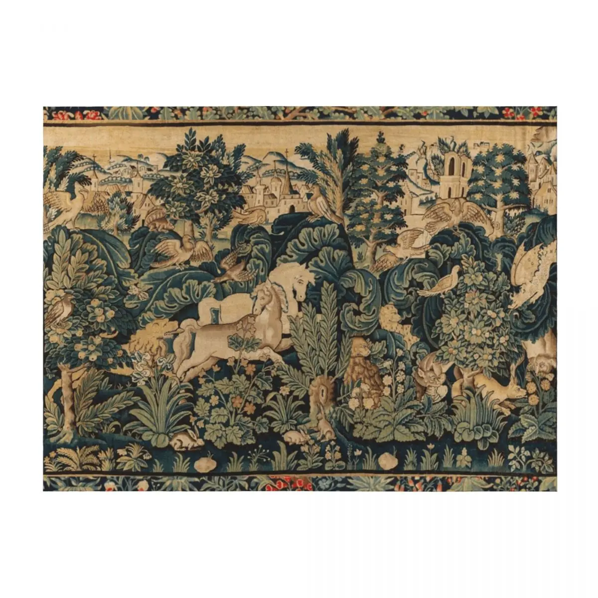 

FANTASTIC ANIMALS AND HORSES IN WOODLAND Blue Green Ivory Antique French Tapestry Throw Blanket Thin Single halloween Blankets