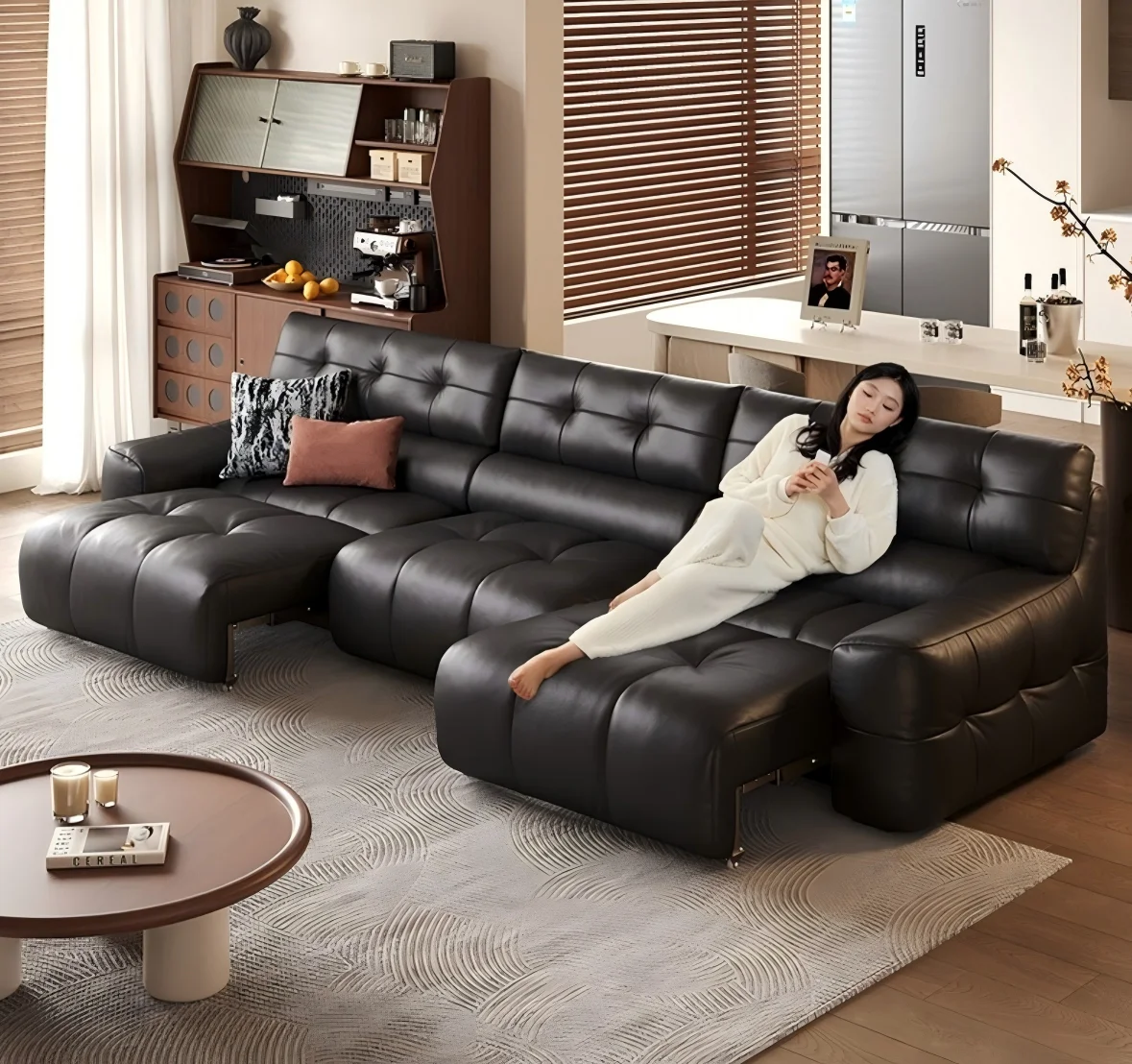 Electric SofaUltra-soft Charcoal Sponge Upholstered Three Seat Square Sofa Soft Top-grain Cowhide Split Sofa Electric Sliding So