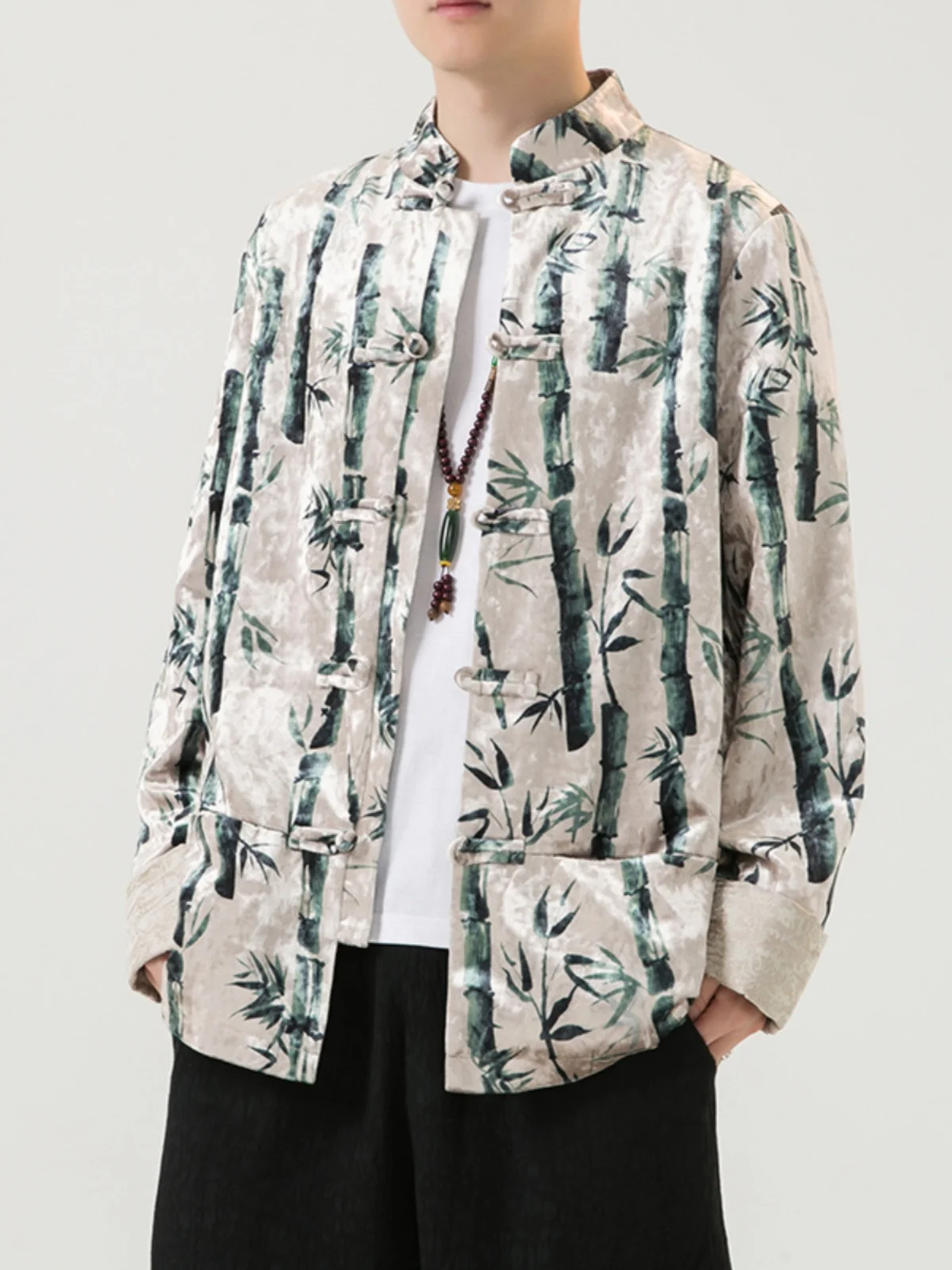 

Men's Autumnal Bamboo Print Deer Leather Velvet Jaet Stand Collar Button Decorated Thiened Windproof Casual Retro Coat