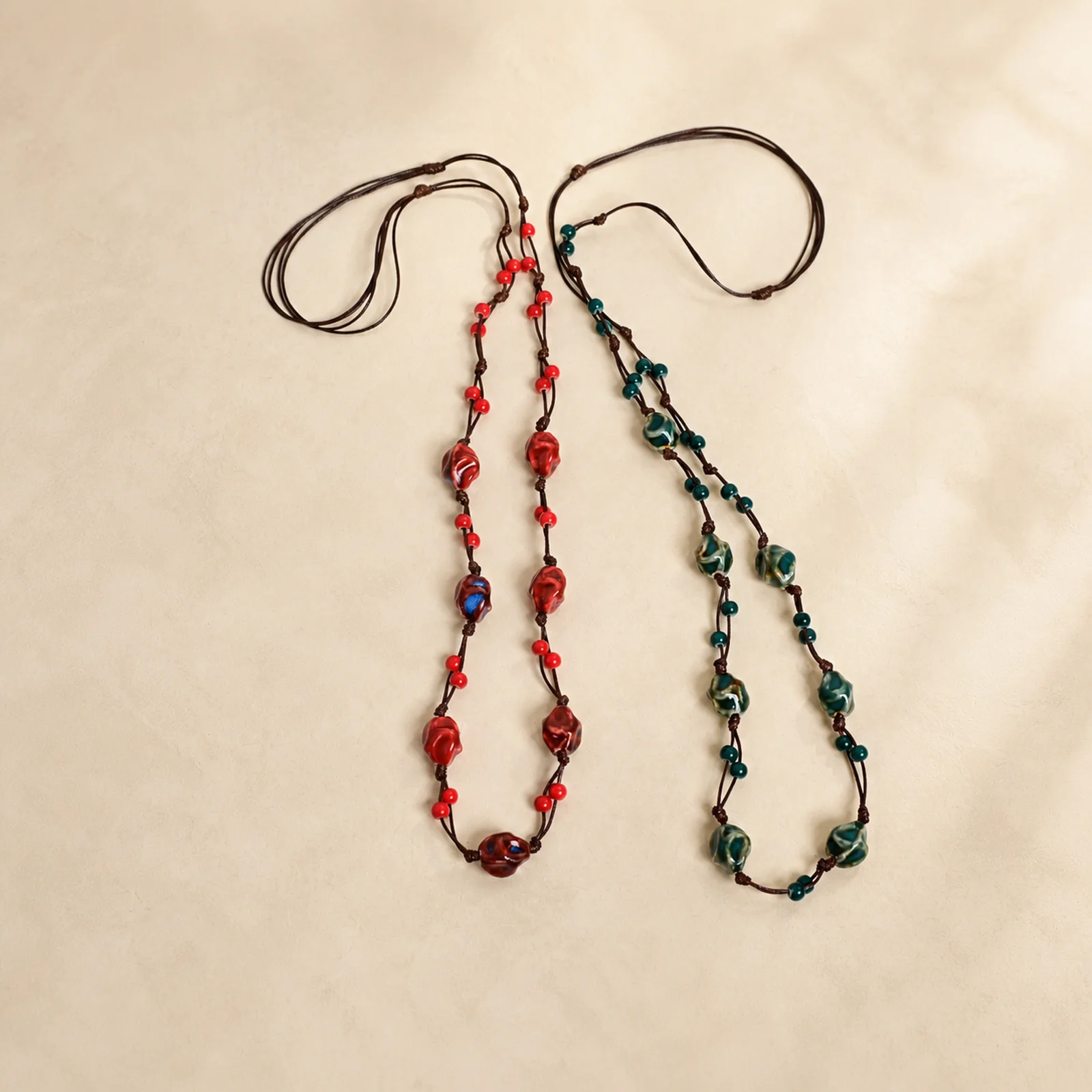 Handmade Ceramic Bead Necklace with Waxed Cord Woven Plum Bead Net Adjustable Artisan Jewelry Necklace 608P1-20