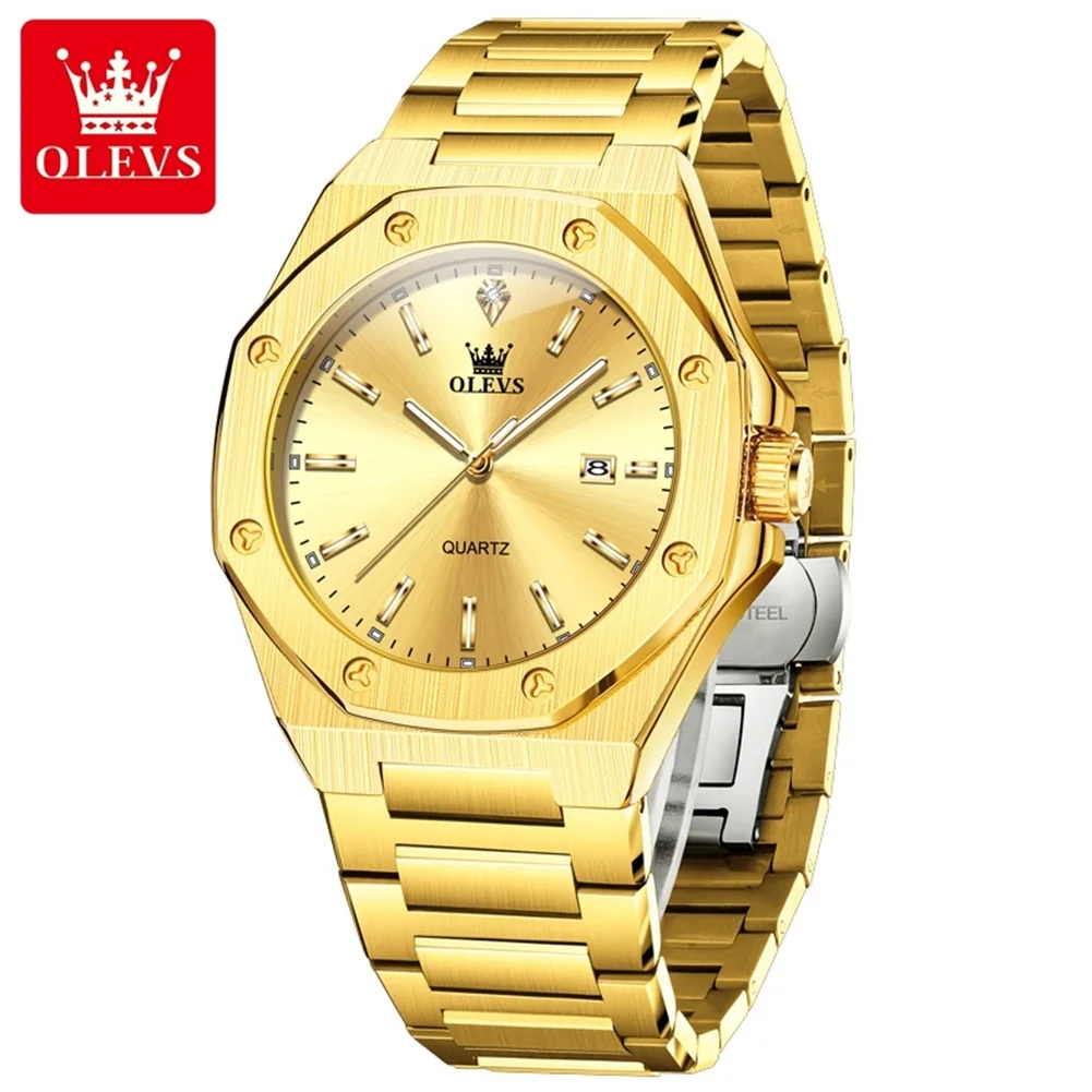 OLEVS Men's Watches Classic Fashion Quartz Watch for Man Waterproof Luminous Gold Stainless Steel Date Watch reloj hombre