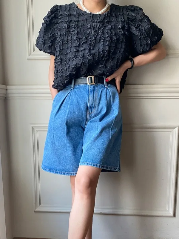 Chic Summer Loose Fit round Ne Bubble Sve irt Women's Top Versatile Casual Plaid Print Ele Faionable Ladies' Blouse