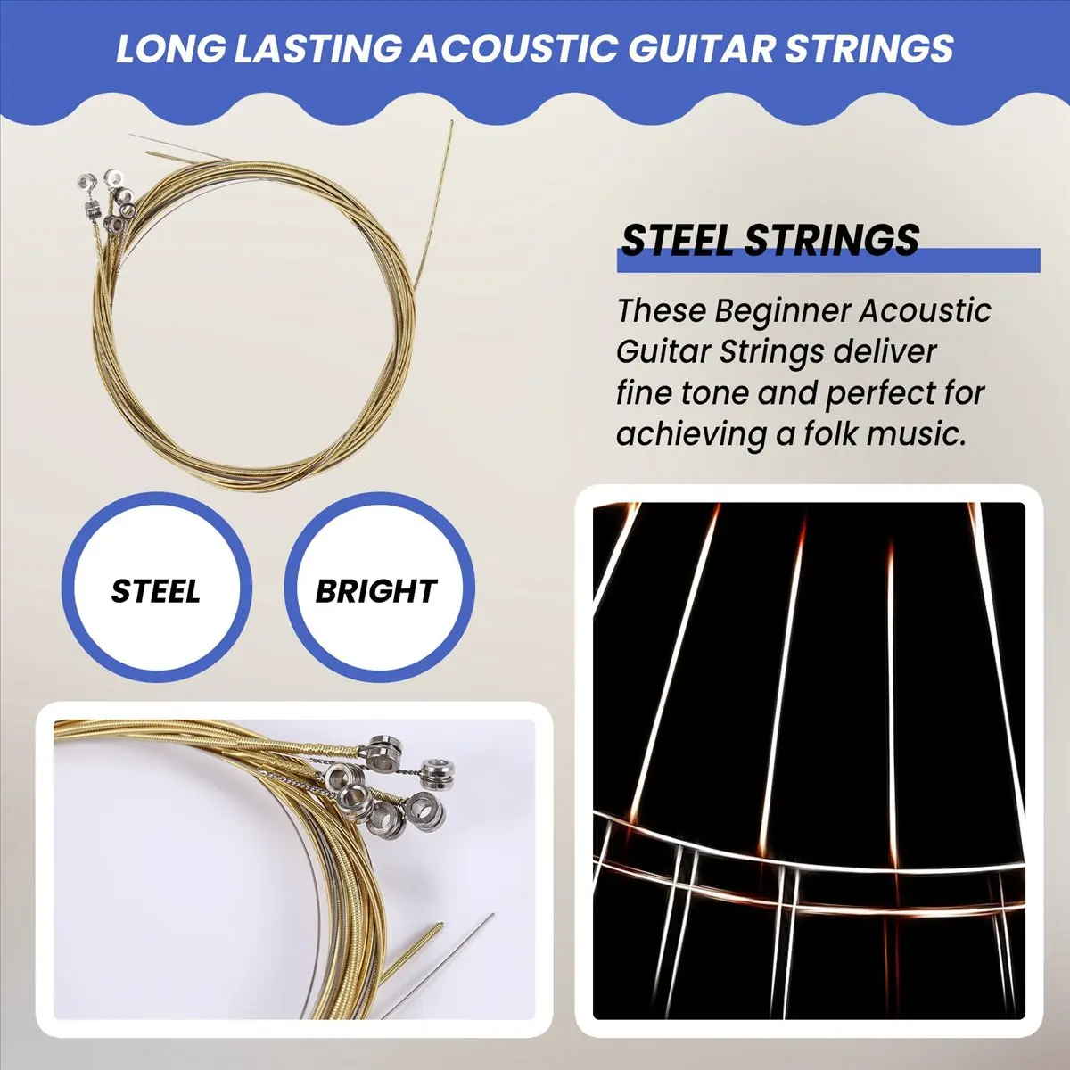 T34C 6 Pcs Steel Strings Replacement for Acoustic Guitar New Silver+Brass