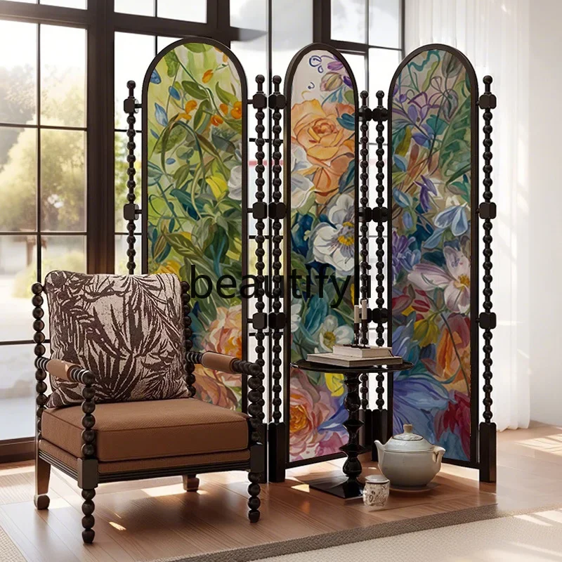 

Asmt51 ss Retro French oil painting rose screen partition block hotel restaurant homestay decoration solid wood folding screen