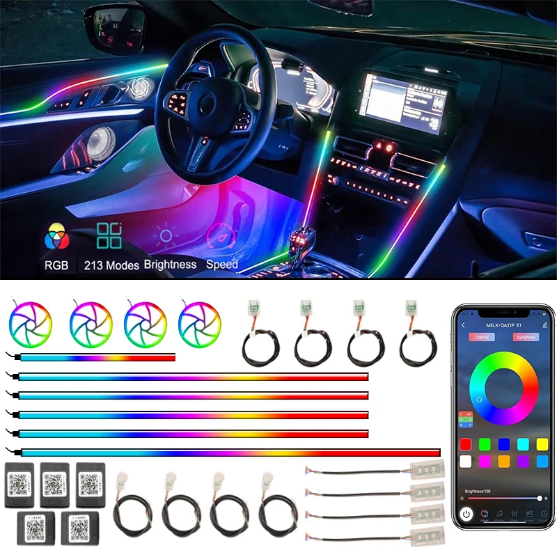 Universal Car Ambient Light 64 RGB App Control Auto Interior Rainbow Symphony Atmosphere Lamp Strip Acrylic Colorful LED 22 in1