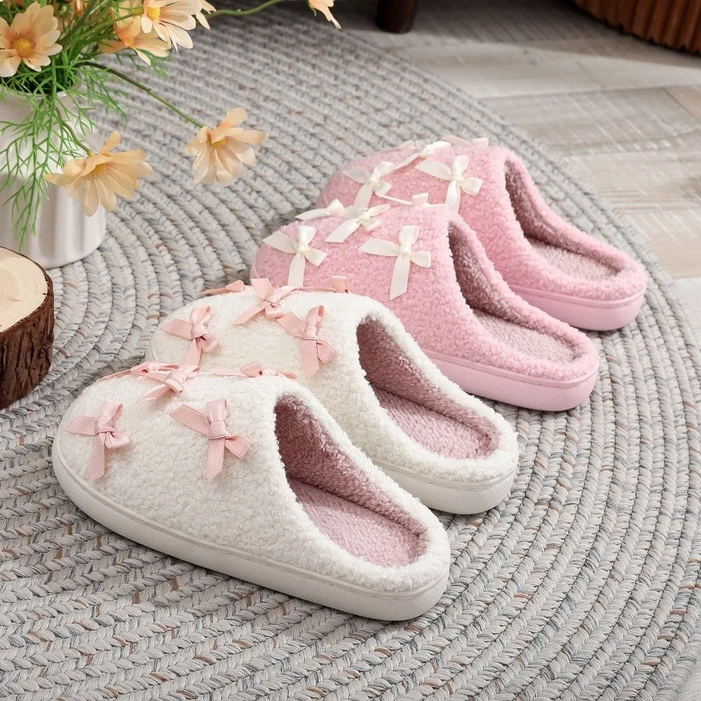 

Comfortable Ribbon Small Bow Home Slippers Thick Fuzzy Fur Women Bow Slippers Non-Slip Indoor Slippers Winter