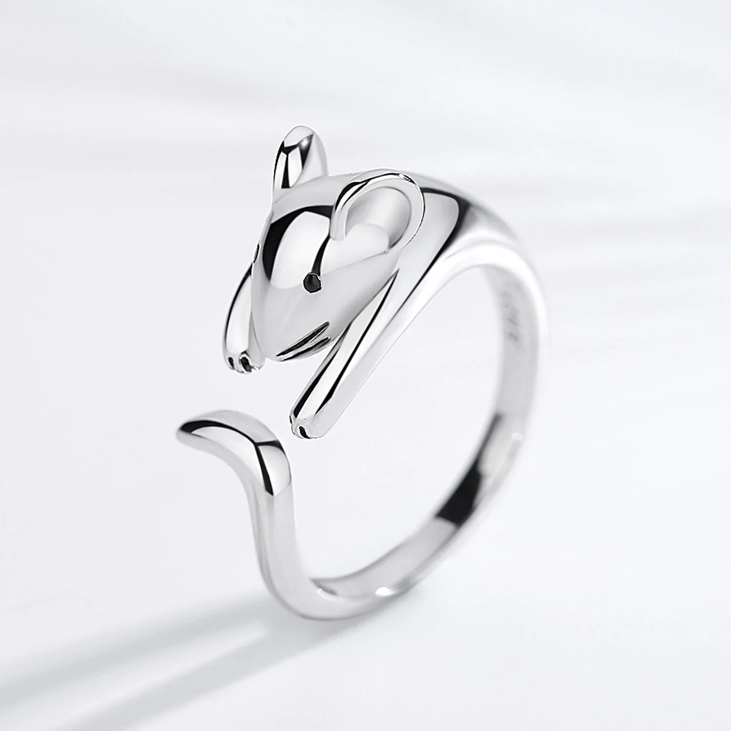 Kaletine 925 Sterling Silver Rings for Women Naughty Cut Mouse Finger Cute Long Tail Black CZ Eye DIY Jewelry Christmas Gifts
