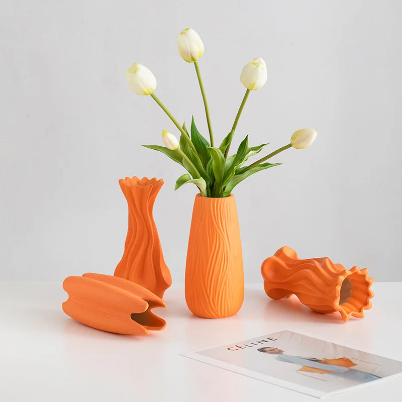 Orange flower vases Striated grain porcelain modern orange ceramic vase decoration dry flower hydroponic flower Vase for Home