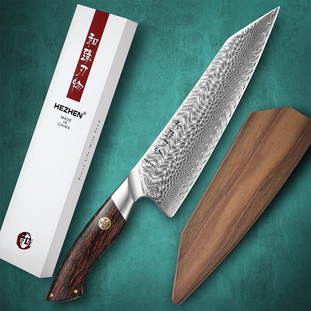 HEZHEN 8.3 Inches Chef Knife Custom 73 Layers Damascus Steel Eco-friendly Gift Box Powder Steel Core Kitchen Knives