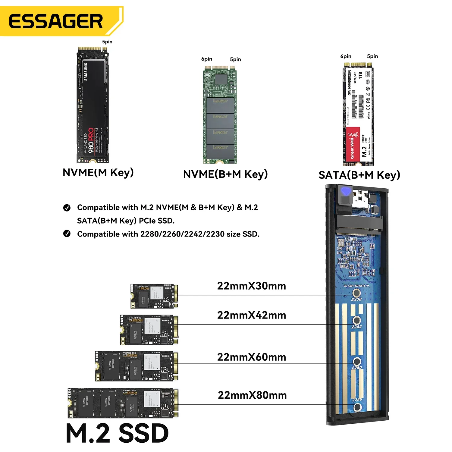 Essager External Hard Disk Drive  Portable M.2 SATA NVMe SSD Case  USB 3.2 Type C  High-Speed Storage Enclosure 10Gbps