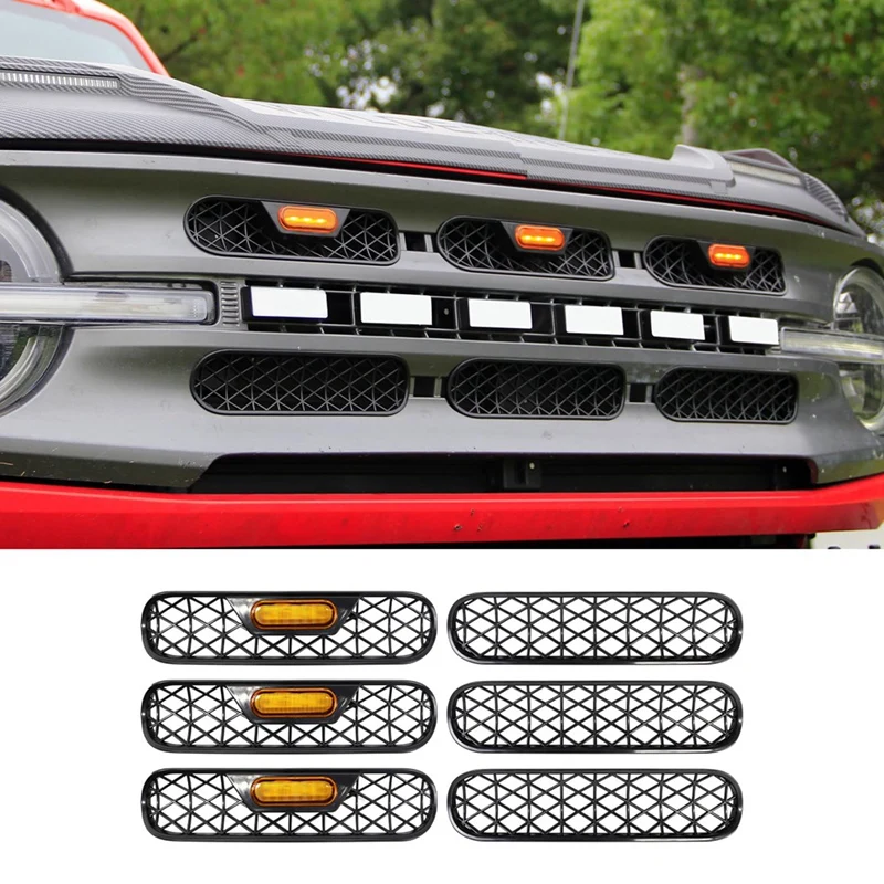 Front Grill Inserts With Amber Light For Ford Bronco 2021-2024 2/4 Door Front Mesh Grille Inserts Grills Frame Trim