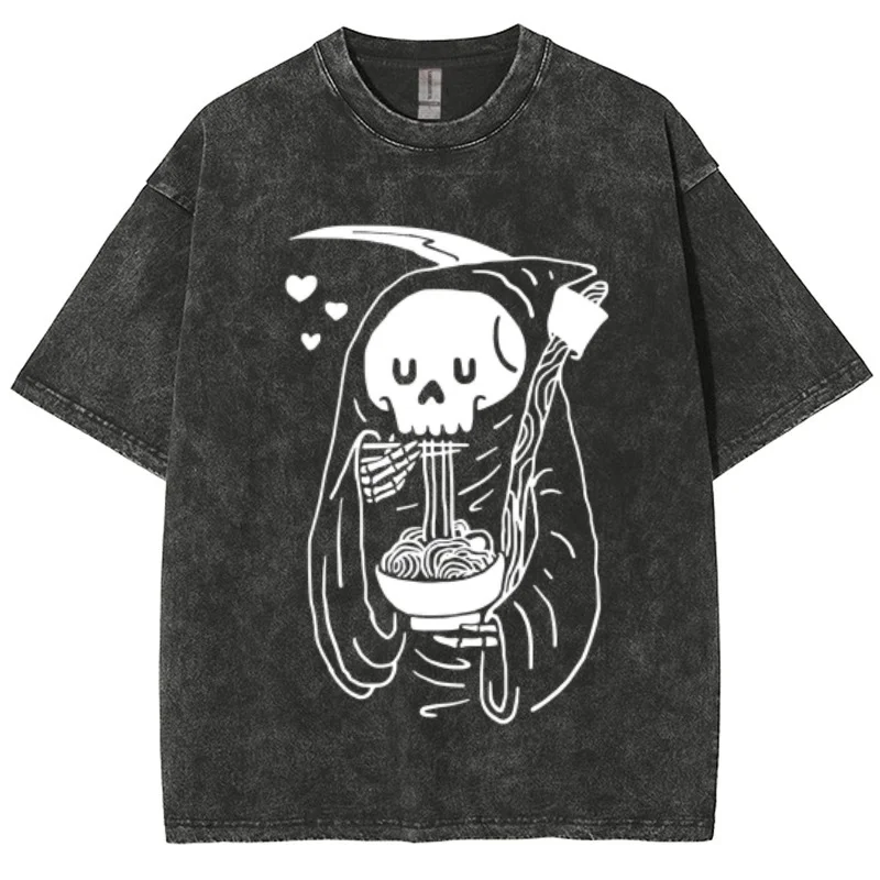 

Skull Graphic Print T Shirt Manga Vintage Snowflake Point CottonTee For Women Wash With Old Water Hip Hop Short Sleeve T-Shirts