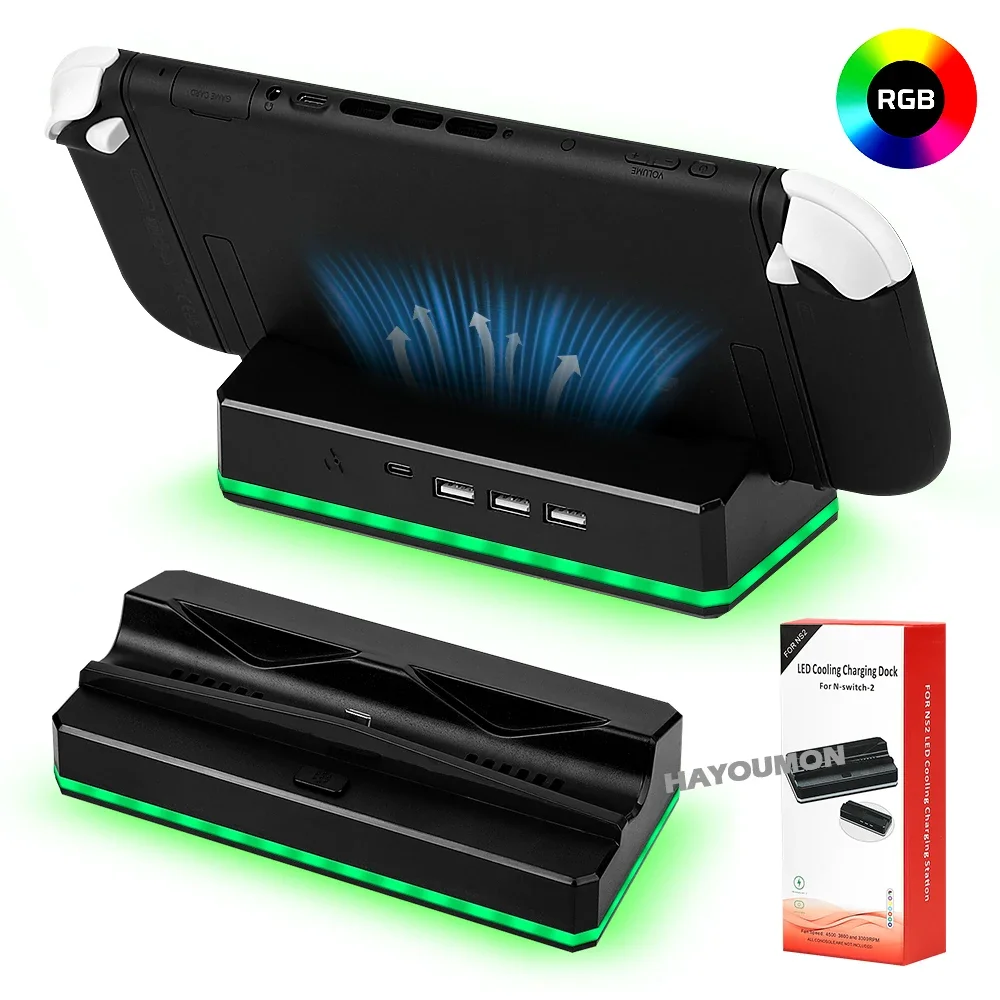 For NS Switch 2 Portable Charging Dock With Cooling Fan USB 3.0 Port 8 RGB Light For Switch 2 Gaming Console Accessories