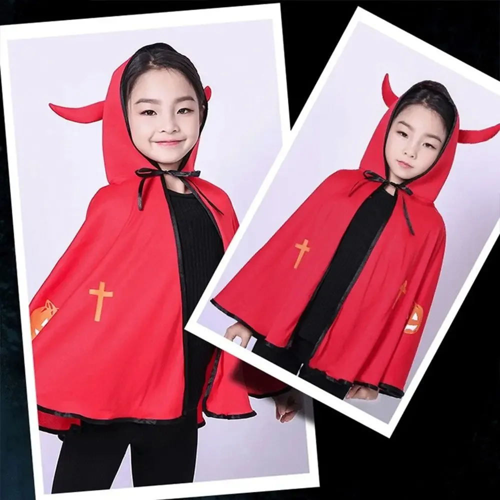 New Pointed Hat Halloween Bullhorn Cloak Hooded Cosplay Devil Cloak Pumpkin Devil Horn Cloak for Kids