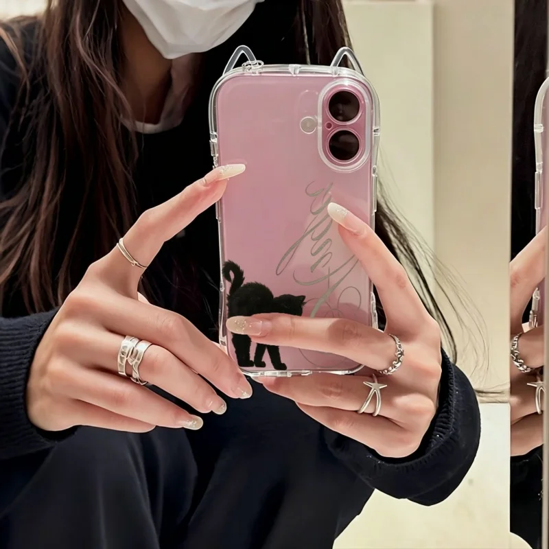 Transparent Cool Black Cat Phone Case For iPhone 17 16 15 14 13 12 11 Pro Max Air Plus 3D Cat Ear Soft Clear Cover Fundas