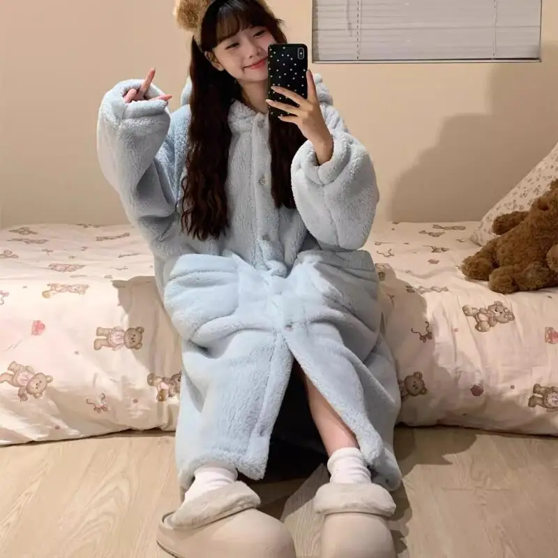 

Autumn Winter Girl Robe Nightdress Hooded Pajamas Fleece-Lined Warm Homewear Plus Size Women's Solid Color Thickened Nightgown