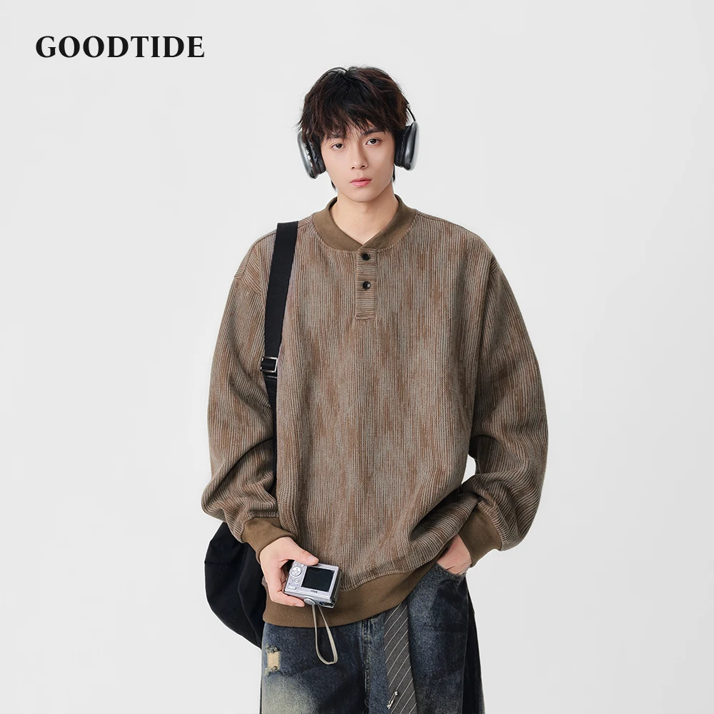 

Fashion Men's Casual Henley Neck Sweatshirt 2025 Winter New Ribbed Knit Button Detail Comfortable Soft Long Sleeve Pullover Top