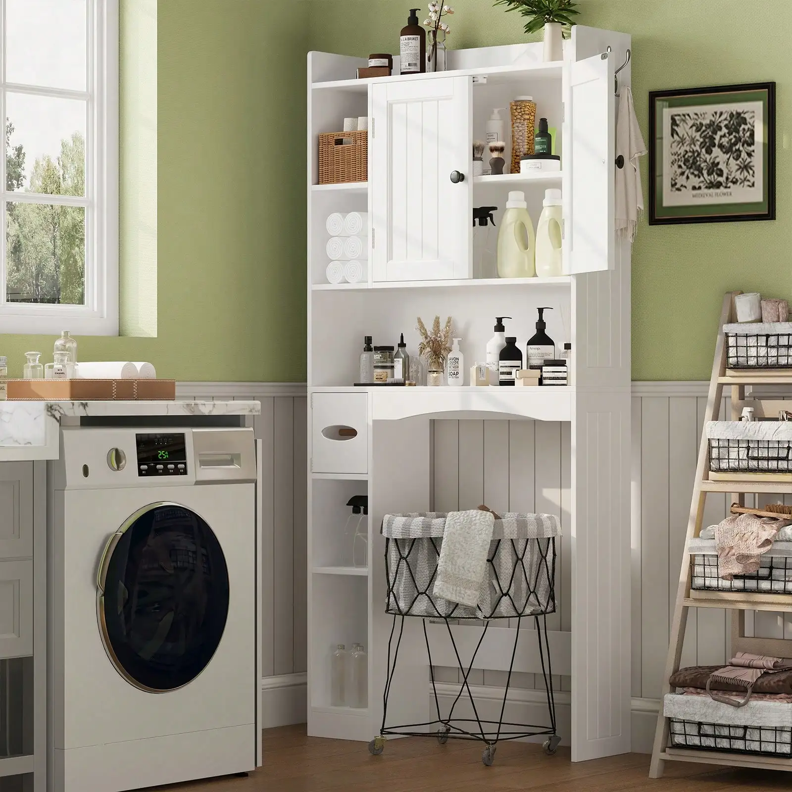 Over The Toilet Storage Cabinet with Adjustable Shelf & Tissue Holder, Freestanding Farmhouse Bathroom Organizer, Anti-Tip Space Saver Cabinet for Laundry Room, White
