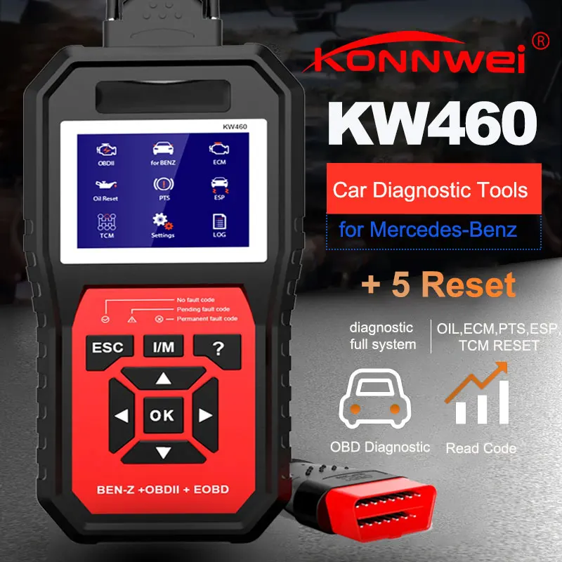 2025 KONNWEI KW460 Obd2 الماسح الضوئي لمرسيدس بنز النفط ECM PTS ESP TCM إعادة تعيين أنظمة كاملة أداة تشخيص W212 بنز