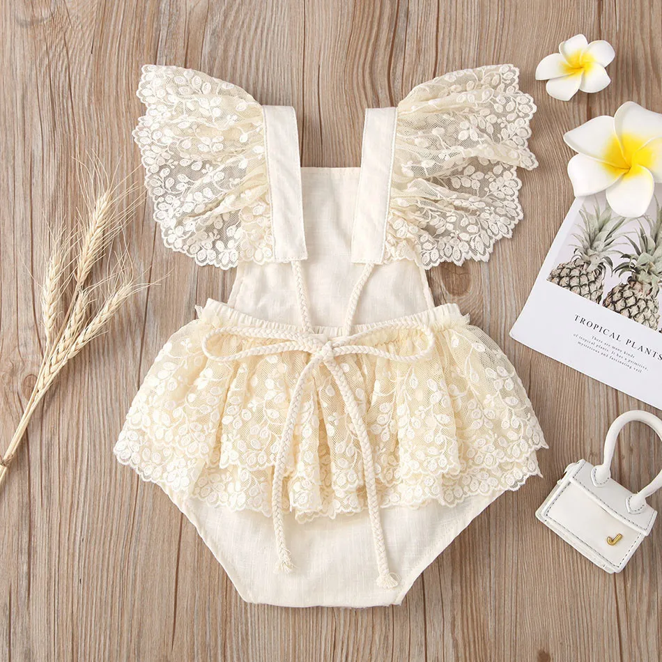 Baby Girls Pearl-Adorned Lace and Tulle Romper with Floral Embroidery Suitable Christenings and Family Gatherings Bodysuits