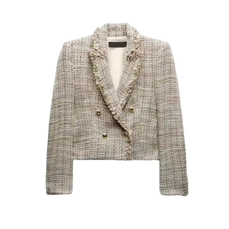 Jesień Zima Nowości Damski Płaszcz Garniturowy Dwurzędowy Zapinany na Guziki Postrzępiony Kołnierz Krótki Płaszcz w Stylu Little Black Dresowy Długość do Kolan Czysty C...