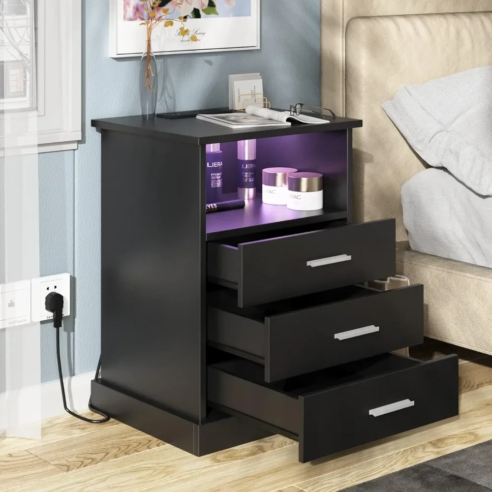 

LED Nightstand with Charging Station, Side Tables with 3 Drawers and Light, End Table W/Open Storage, Beside Cabinet for Bedroom