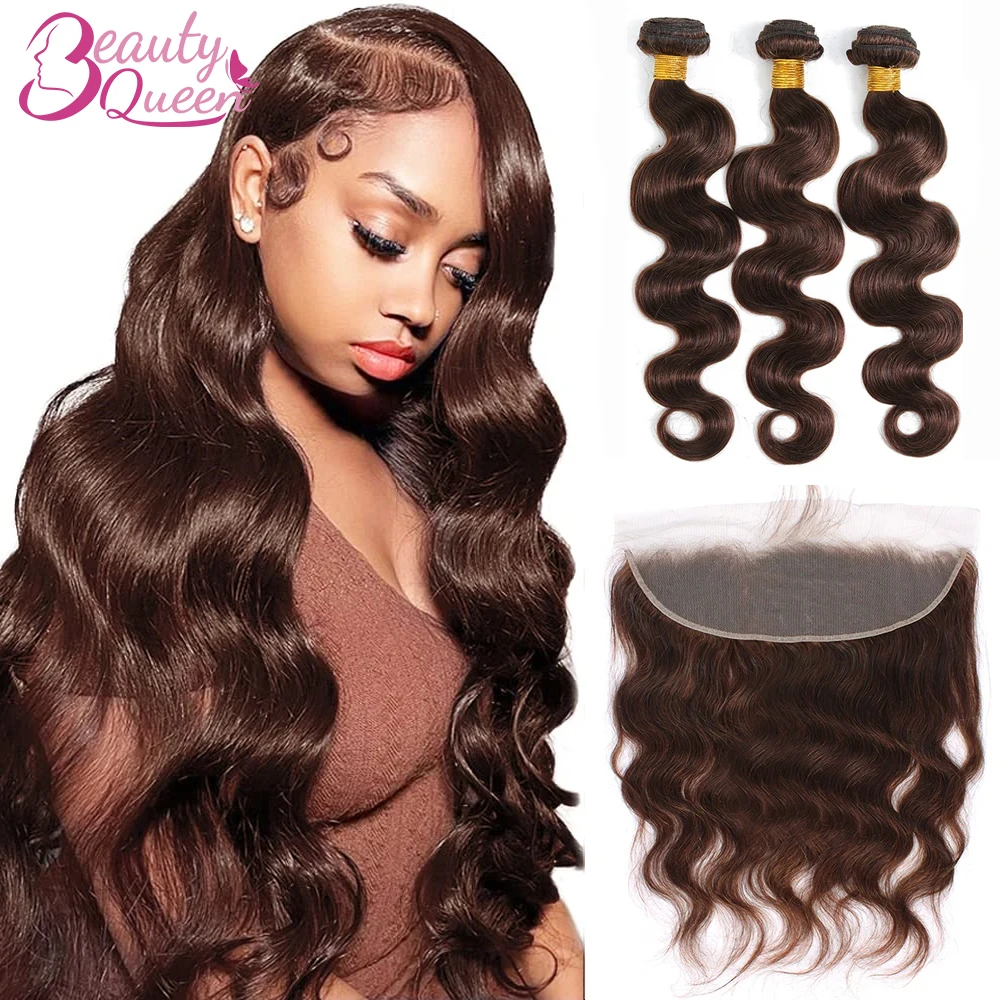 Mèches Body Wave Brésiliennes 100% Naturelles Brunes avec Closure pour Femme, Extensions de Cheveux Humains, 13x4, Document #4, 3 Lots