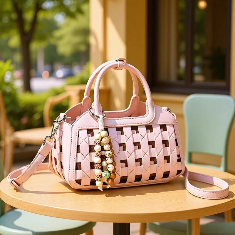 New Hollow Woven Mini Square Bag Women Handbag Fashion Crossbody Shoulder Bag Ladies Cute Messenger Bag With Bead Pendant