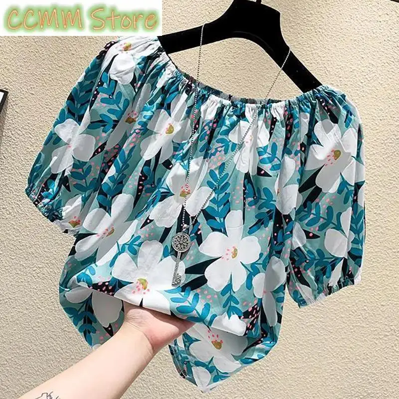 

Fashion Slash Neck Printed Folds Chiffon Floral Blouses Female Clothing Summer New Loose Casual Tops All-match Shirts