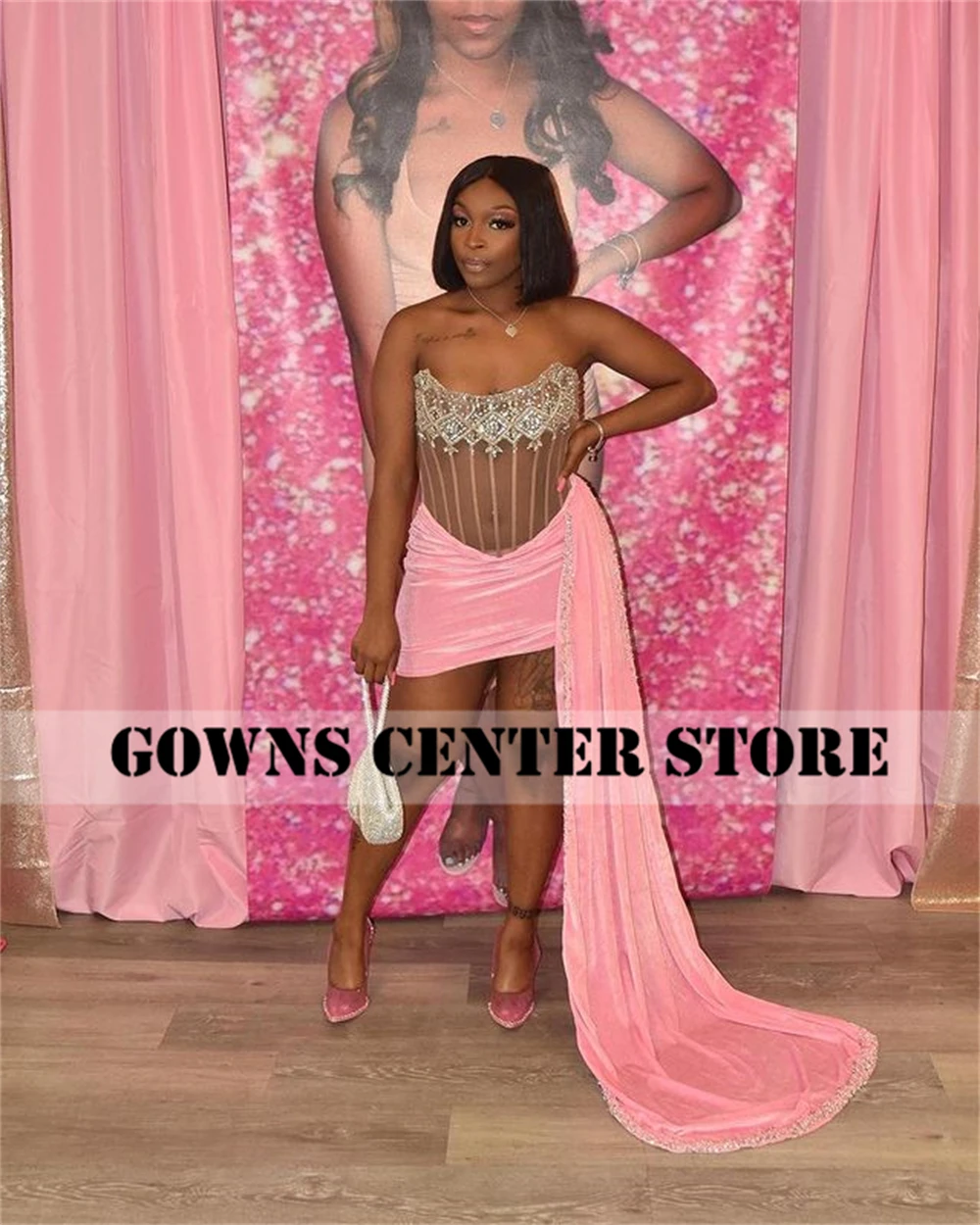 Rosa Samt-Abschlussballkleid mit Schnürung, schwarze Mädchen-Heimkehrkleider, Mini-Cocktailkleider mit Zug, Meerjungfrau, Geburtstagsfeier, individuell gestaltet