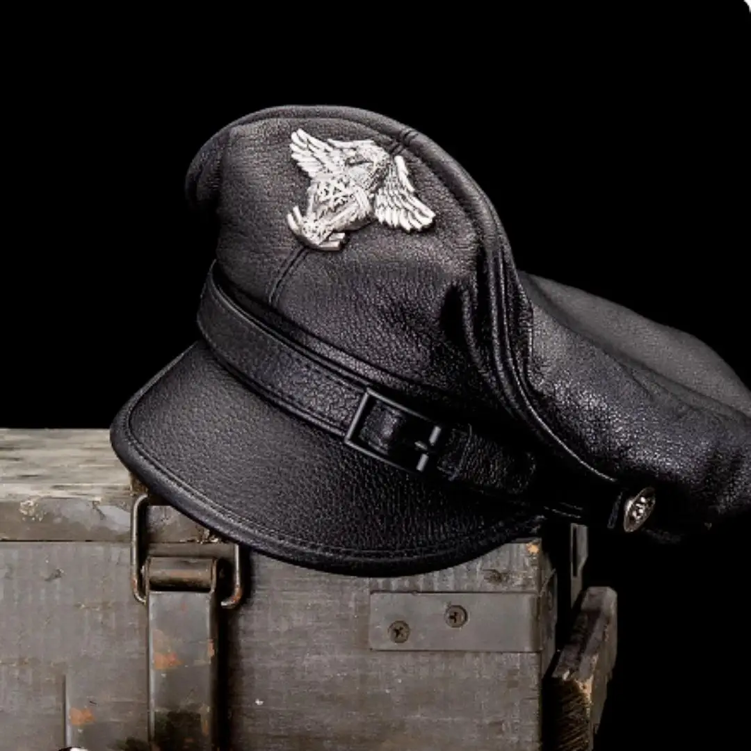 

Men's Retro German Sle Harley Motorcycle Riding Hat Autumn Winter Briti Dubill Cap Captain Leather Beret Hat Adjustable...