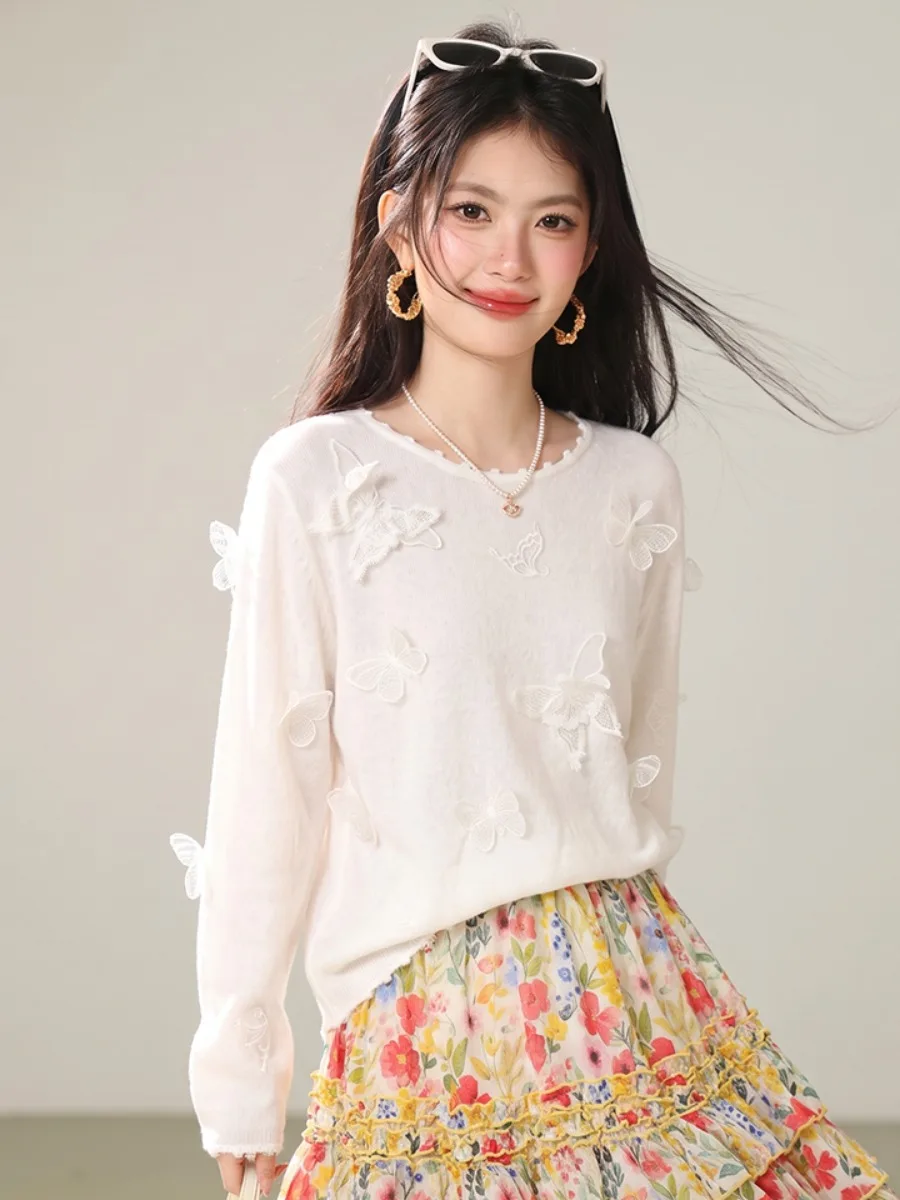 Women's round Neck Knitted Sweater 3D  Patch Flower Embellished Slimming Long Sleeve Overhead Spring Autumn Top