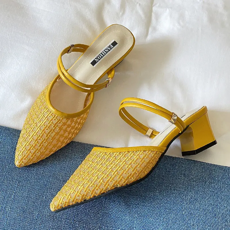 2023 Summer Sexy Pointed Toe Sandals Thin Strap Mulles White Yellow Women Shoes Elegant Women Fashion Square Heels Slippers