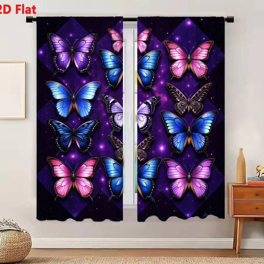 2Pcs Curtains 2D Flat Vibrant Artistic Composition Of Twelve Butterflies On Cosmic Starry Background With Deep Purples Blues And