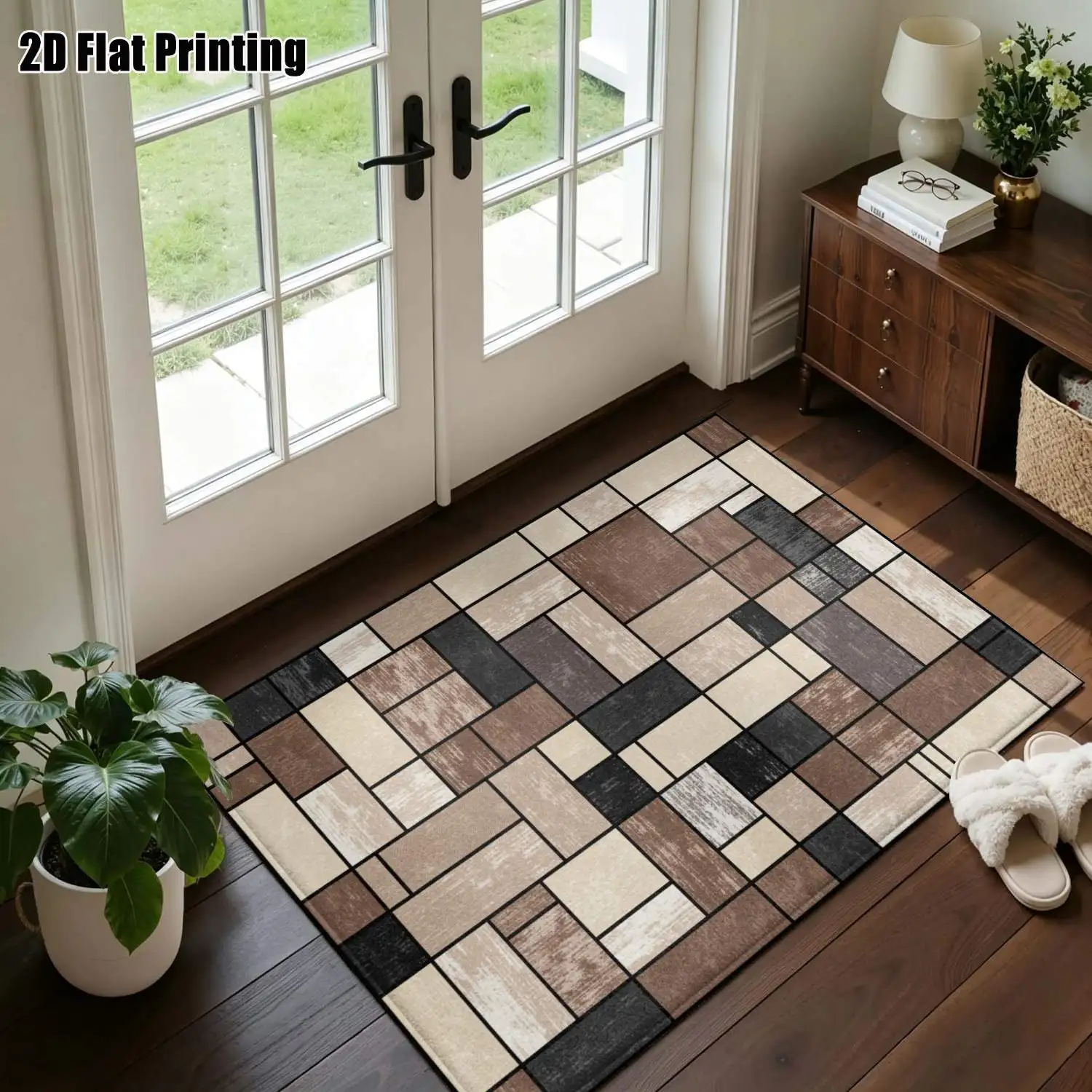 1Pc 2D Printed Retro Geometric Carpet, Nordic/European Style, Modern Minimalist Instagram-Inspired Floor Mat, Home Decor, Multi-Size, Machine Washable, for Entrance, Dining, Foyer, Living, Bedroom