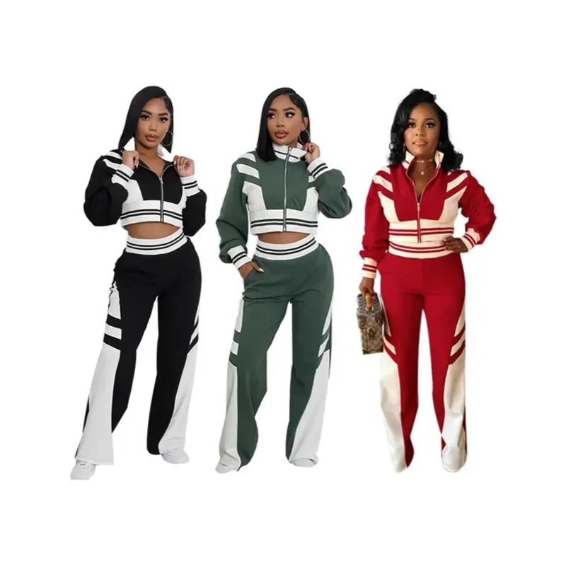 Fashion Patchwork Sporty Suits Women Sales Zip Crop Jackets and Wide Leg Pants 2 Pieces Set Streetwear Tracksuits Jogging Outfit