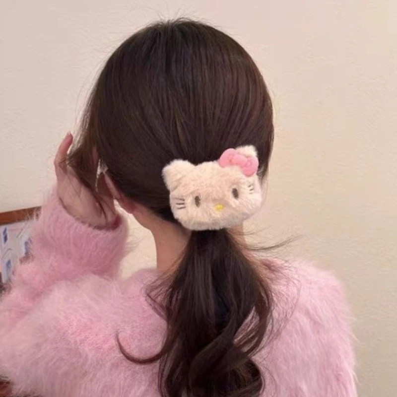 

Kawaii Sanrio Hello Kitty Hair Accessories for Girls Cute Cartoon KT Pink Girlish Heart Plush Hair Ties Elastic Hair Bands Gifts