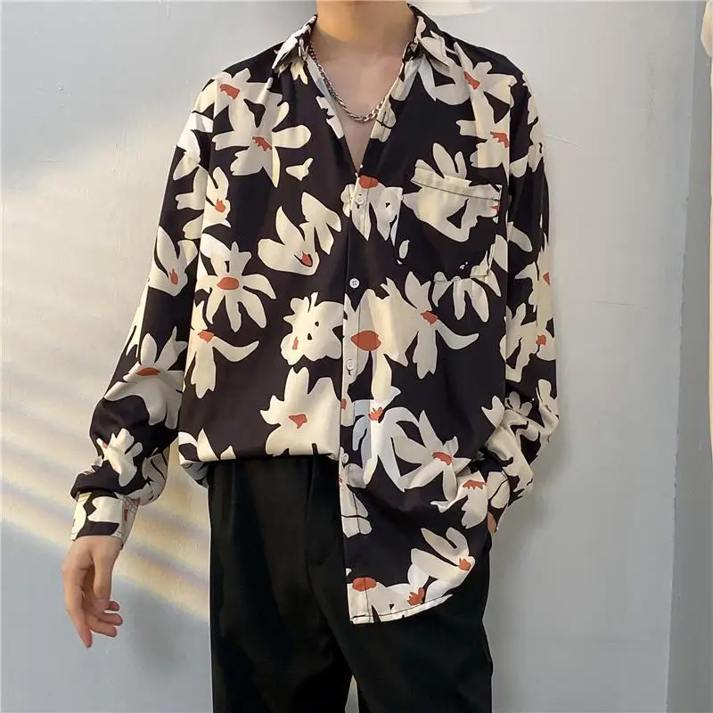 Vintage Streetwear Long Sleeved Floral Shirt Men Spring All-match Loose Floral Shirt Hip Hop Lapel Collar Multicolor Casual Tops