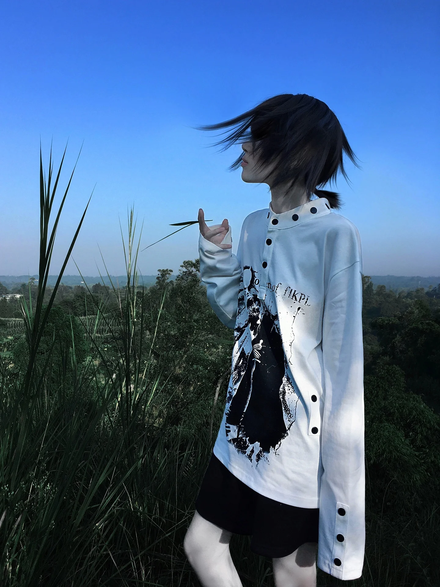 Trendy American High Street Long Sleeve T-Shirt Unisex Castle Print Rivet Shoulder Advanced Sense Henry Collar Sweatshirt