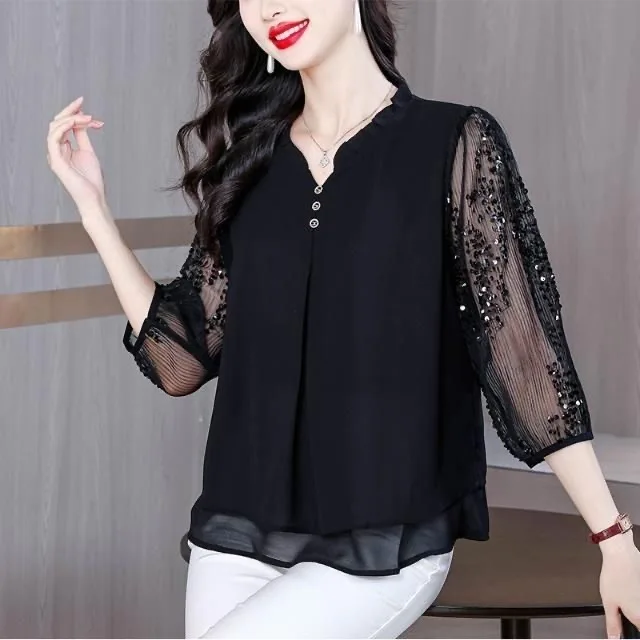 Elegant Fashionable Women's Shirt Summer 2026 New Style V-Neck Loose Fit Seven-Quarter Sleeve Chiffon Top Age-Defying