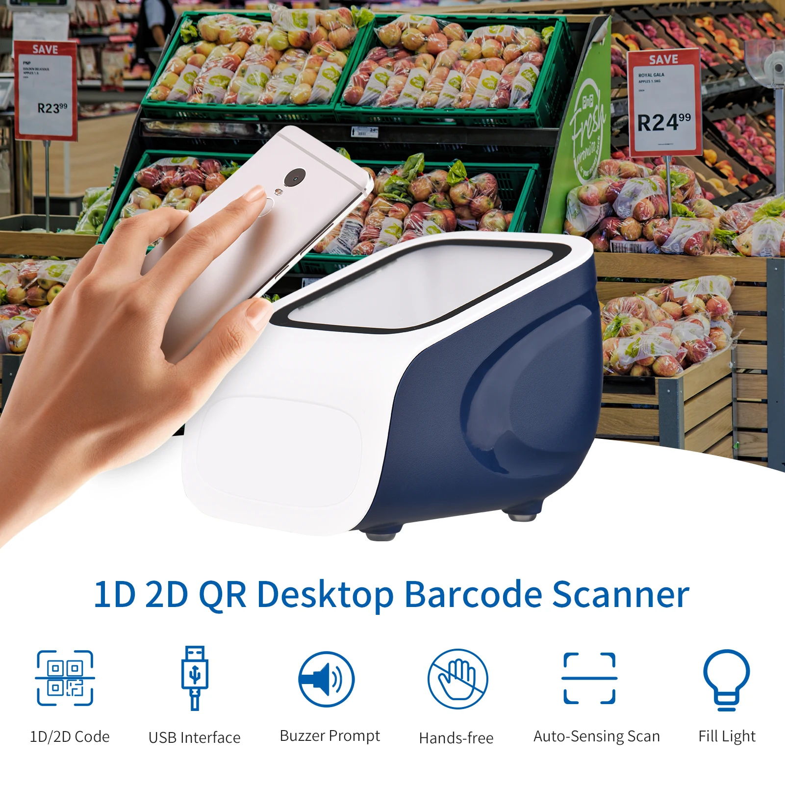 Hands-free USB Wired Bar Code Reader Scanner 1D 2D QR Desktop Barcode Scanner Platform for Retail Store Mobile Payment Computer