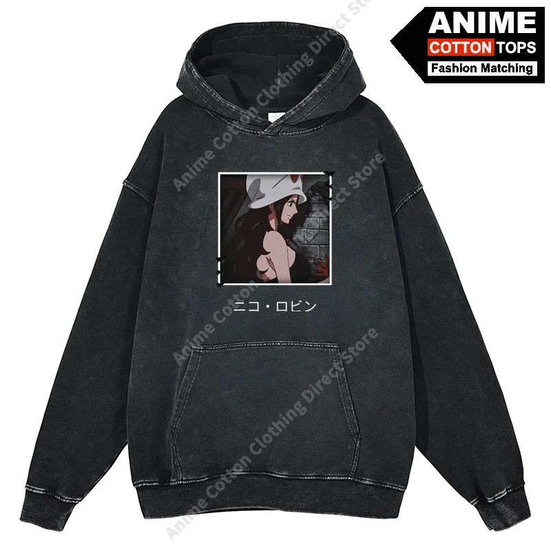 Anime Pirate King Peripheral Clothing Nico Robin Print Hoodies Cotton Washed Vintage Unisex Oversized Loose Sweatshirt Tracksuit