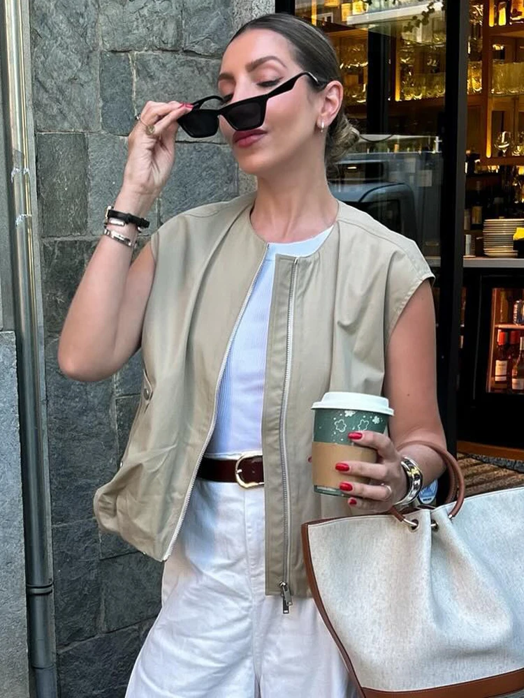 

Модный женский жилет SLTNX 2026: Элегантный уличный жилет-топ без рукавов с круглым вырезом и молнией спереди