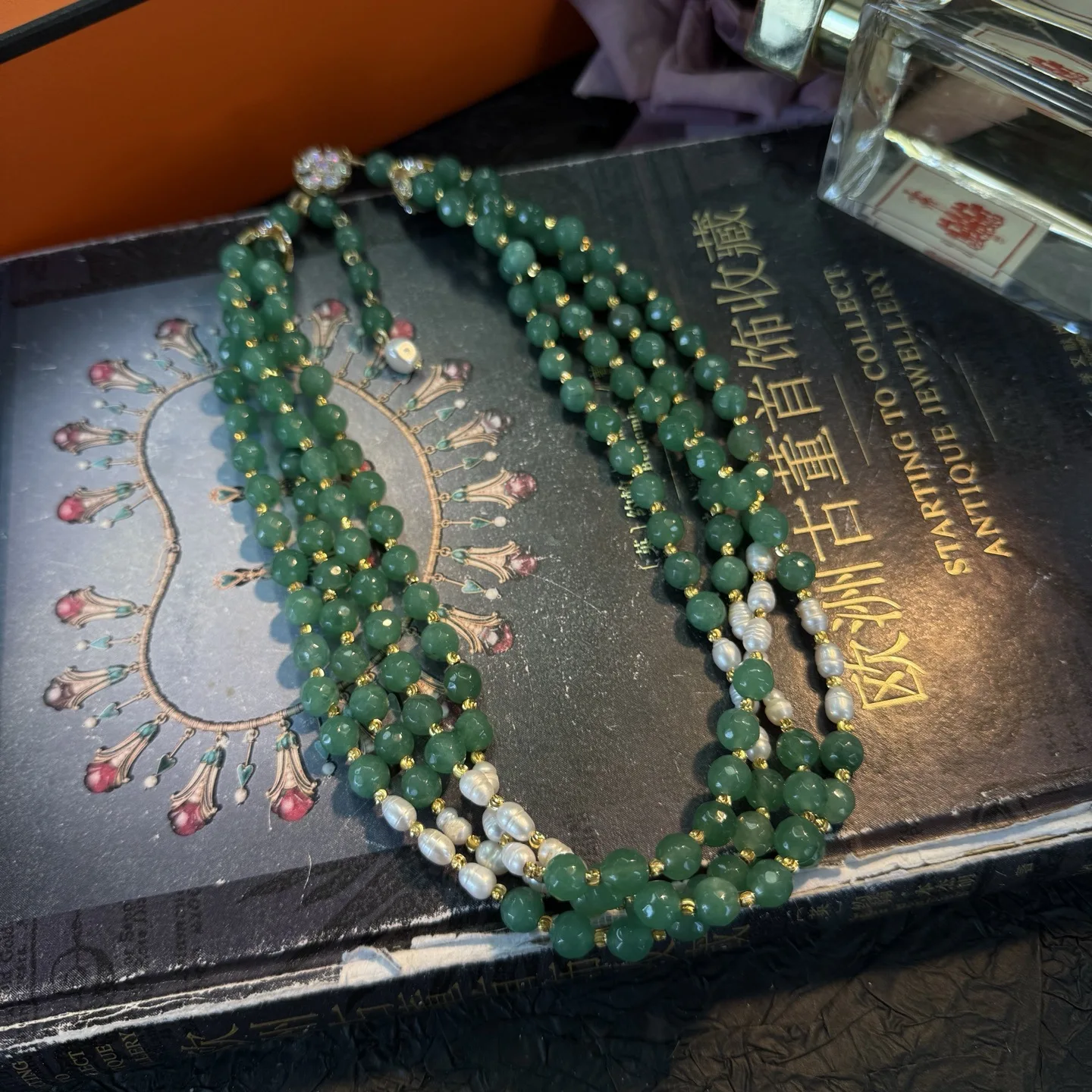 4rows green jade faceted round white freshwater pearl necklace woman's jewelry