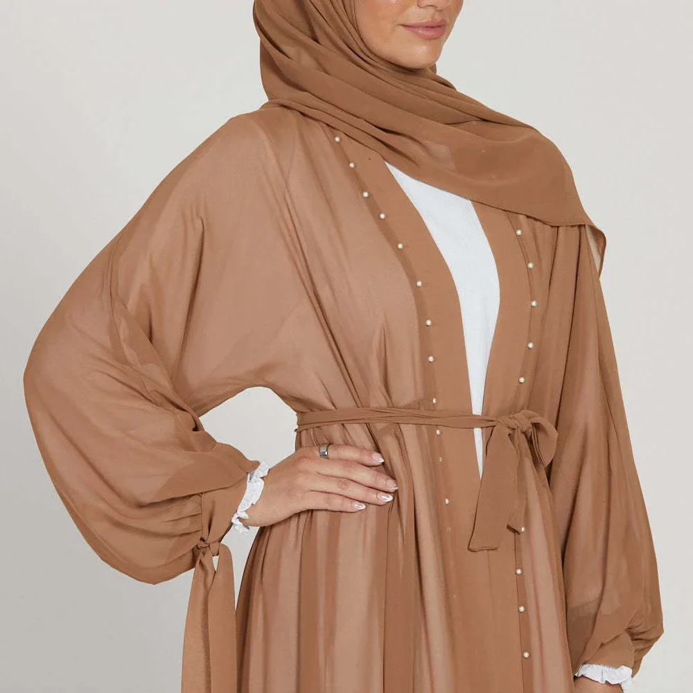 

Eid Chiffon Beaded Open Abaya Dubai Turkey Party Cardigan Muslim Dress Belted Abayas for Women Islamic Kaftan Kebaya Jalabiya